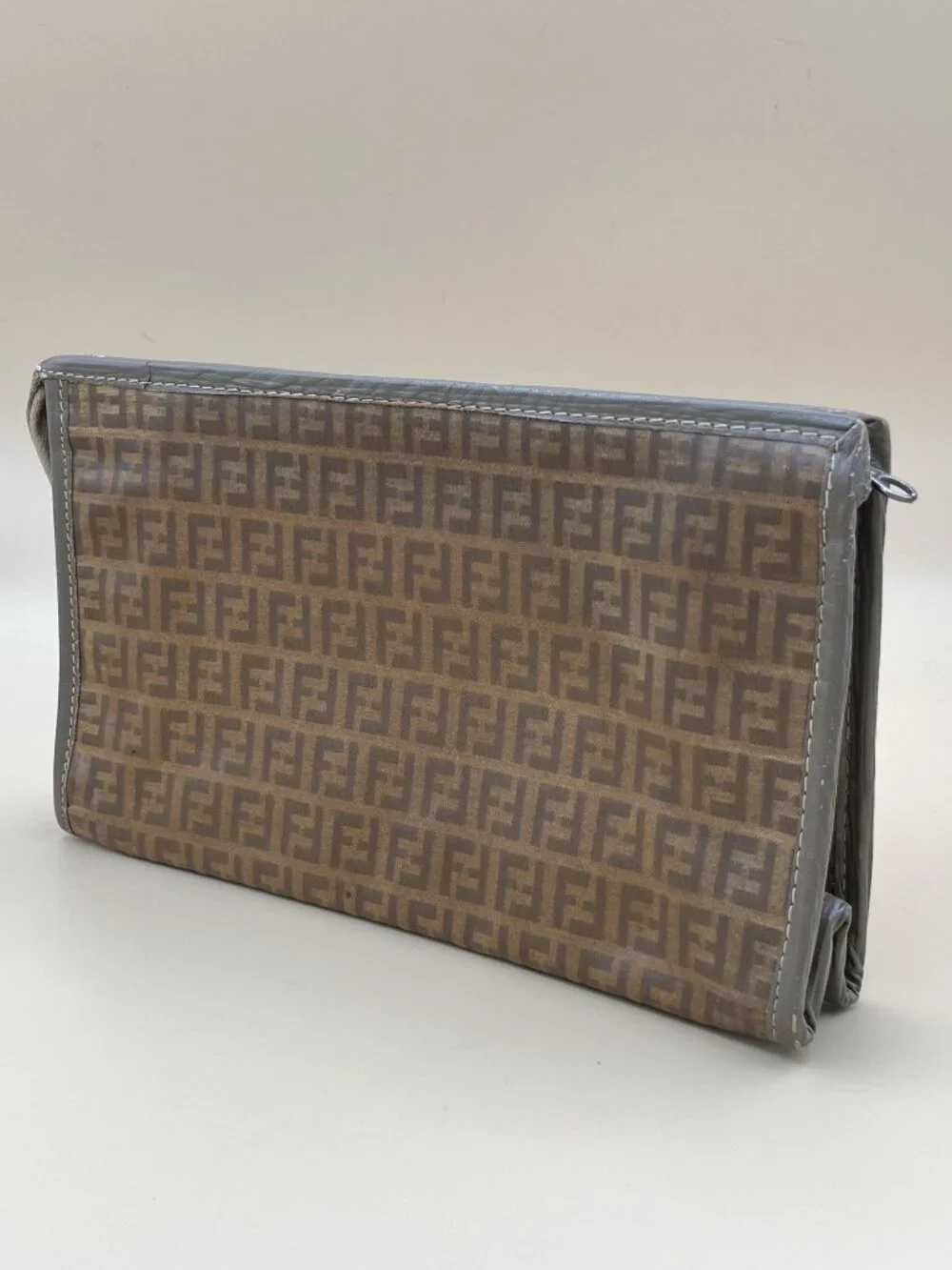 Fendi Vintage Zucca Pattern Clutch Bag With Zipper Closure & Brown/Gray Leather